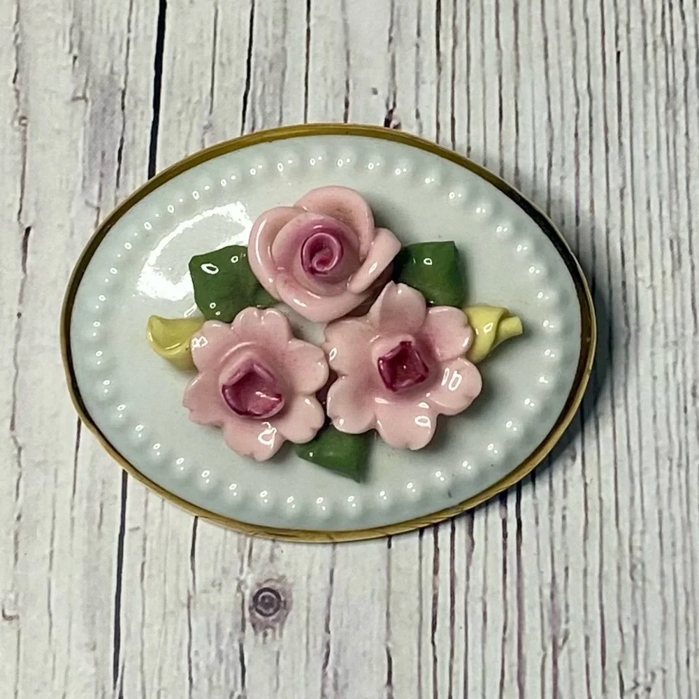 Vintage Floral Porcelain Brooch with Pink Roses